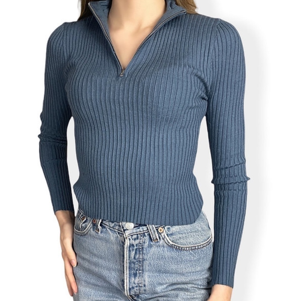 𝅺new Quarter Zip Blue Stretchy Mock Neck Sweater